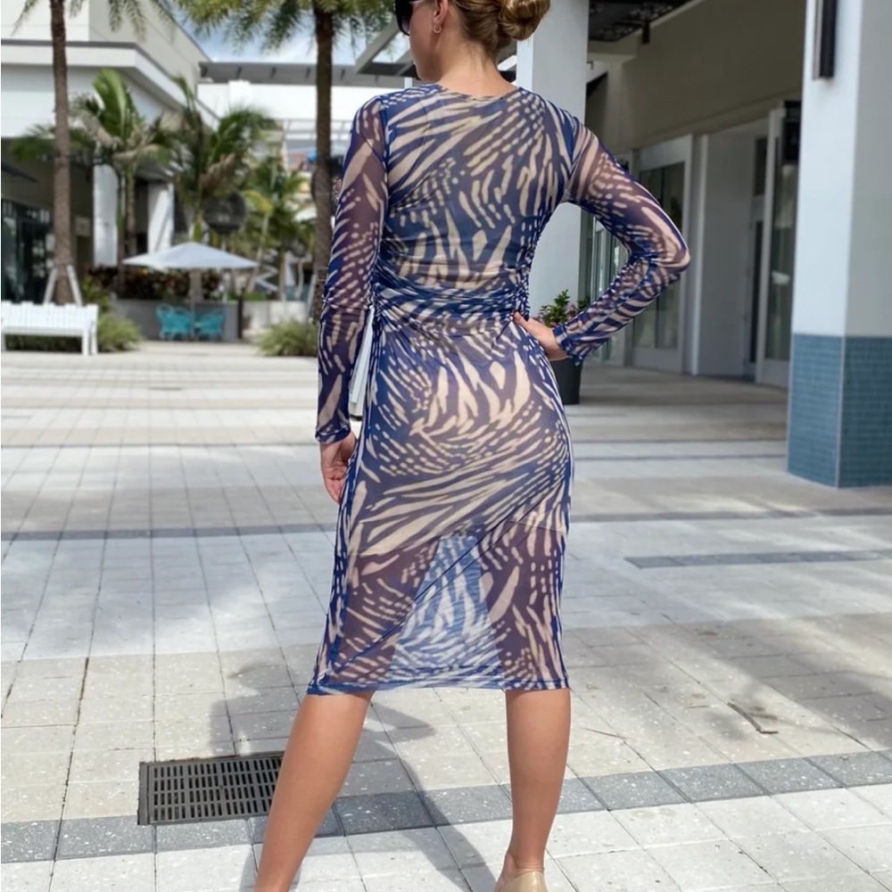 Sheer Blue Printed Long-Sleeve Midi Dress